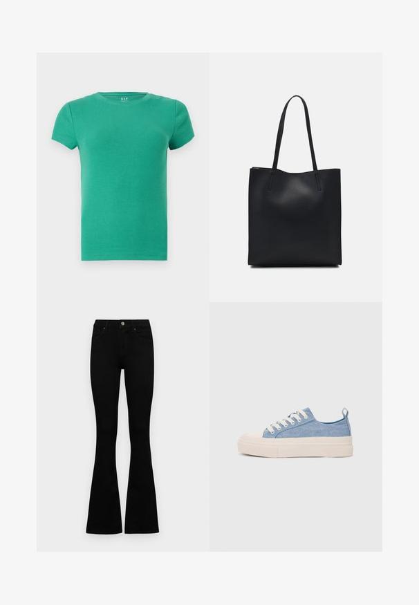 Grøn ribbet T-shirt med korte ærmer, rund halsudskæring, tætsiddende design, blød tekstur, lavet af strækbart bomuldsstof. Ingen bemærkelsesværdige detaljer.; Sorte højtaljede jeans med knap- og lynlåslukning, forlommer og flagrende ben, lagt fladt på en hvid baggrund.; Lyseblå lærredssneakers med en cremefarvet gummitåhætte og sål, udstyret med hvide snørebånd og en træksløjfe på hælen.; Sort læder tote taske med glat tekstur, rektangulær form og to lange hanke. Ingen synlig hardware eller udsmykninger.