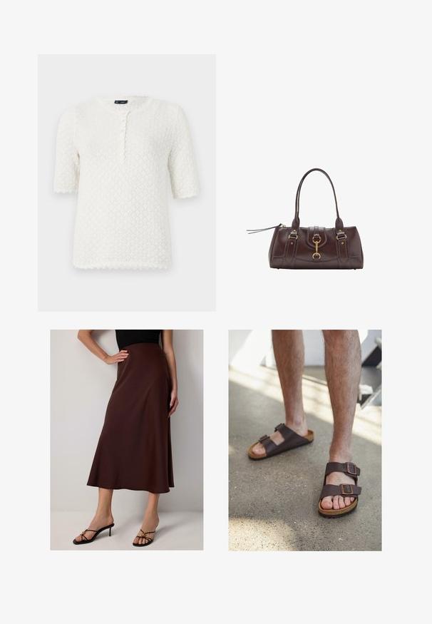 GAP POINTELLE - T-shirt basic - ivory frost; Gonna in satin marrone, lunga fino al ginocchio, con silhouette svasata. Presenta una consistenza liscia e un design a vita alta, abbinata a sandali con tacco neri.; Sandali di pelle marrone con due fibbie regolabili, sottopiedi in sughero e suola in gomma testurizzata, indossati a piedi nudi su un pavimento in concreto.; Borsetta in pelle marrone scuro con due manici superiori, dettagli in metallo dorato, chiusura frontale e texture cucite sui lati.