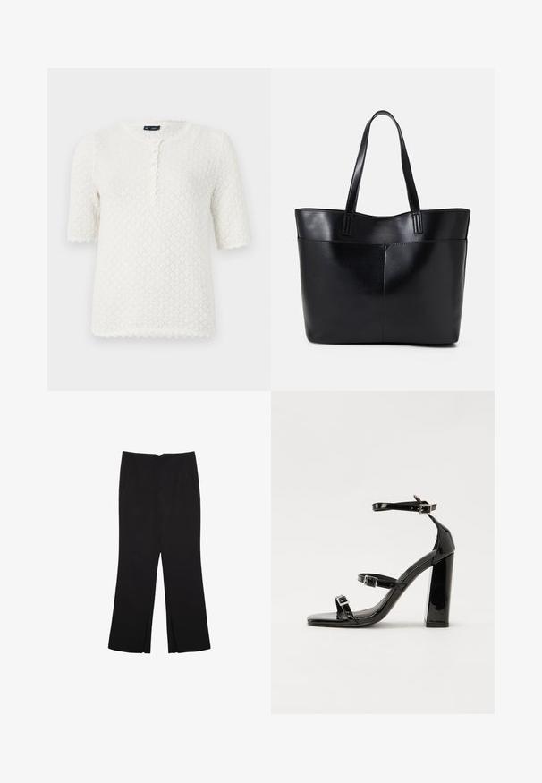 GAP POINTELLE - T-shirt basic - ivory frost; Pantaloni neri a gamba dritta, con tasche frontali e spacchi laterali all'orlo. Realizzati in tessuto morbido e liscio. Adatti a diverse occasioni.; Sandali con tacco in vernice nera, con punta squadrata, cinturini alla caviglia e fibbie in argento. Presentano un tacco a blocco spesso per maggiore stabilità.; Borsa a tracolla in pelle nera con due manici lunghi, una texture liscia e una forma strutturata. Presenta una tasca frontale per ulteriore spazio di archiviazione.