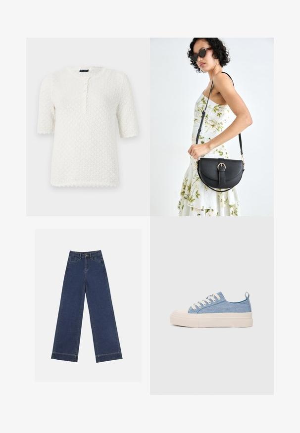 GAP POINTELLE - T-shirt basic - ivory frost; Wide-leg jeans in donkerblauwe denim. Voorzien van vijf zakken, riemlussen en een rauwe zoom onderaan met zichtbare stikseldetails.; Lichtblauwe canvas sneakers met een crème rubberen neuskap en zool, voorzien van witte veters en een trekstrip op de hiel.; Zwarte leren handtas met een gebogen vorm, afneembare schouderband en gouden hardware. De tas heeft een klep met een gespsluiting.