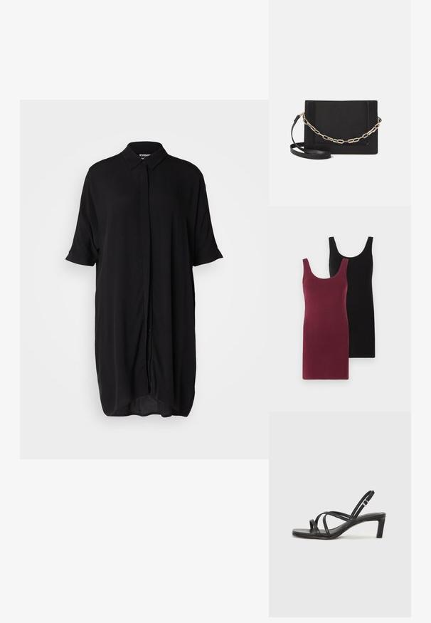 Két ujjatlan ruha: az egyik bordó, a másik fekete. Puha, rugalmas anyagból készült, testhez simuló fazonban és kerek nyakkivágással.; Fekete, rövid ujjú ingruha, könnyű anyagból készült. Gallérral, gombos elejével és laza, hosszúkás sziluettel rendelkezik.; Fekete pántos szandál négyzetes orral és alacsony blokk sarkal. Több vékony pánttal és állítható boka pánttal rendelkezik. Sima bőrből készült.; Fekete bőr keresztpántos táska, sima textúrával, téglalap alakú és fém lánc részlettel az elején. Állítható pánttal ellátva.