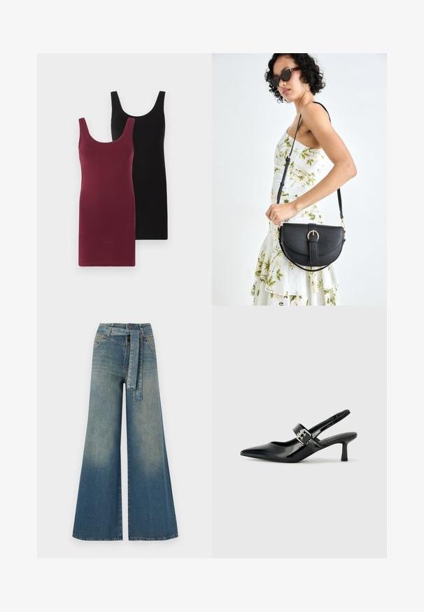 Dvoje šiat bez rukávov: jedny v burgundskej farbe a druhé v čiernej. Vyrobené z jemného, elastického materiálu s priliehavým strihom a okrúhlym výstrihom.; Džínsy s širokými nohavicami, ktoré majú prechod od svetlomodrej po tmavomodrú, vysoký pás, pútka na opasok a opasok z rovnakého materiálu. Textúrovaný denimový povrch.; Čierne patentové kožené sandále na podpätku so špicatou špičkou a malým blokovým podpätkom, s dekoratívnou striebornou sponou na remienku.; Čierna kožená kabelka s zaobleným tvarom, odnímateľným popruhom a zlatými doplnkami. Kabelka má klopu s detailom s prackou.