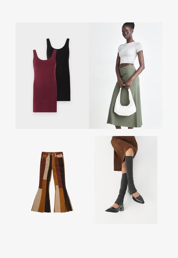 Dvi be rankovių suknelės: viena bordo spalvos, kita juoda. Pagamintos iš minkštos, elastingos medžiagos su prisitaikančiu dizainu ir apvalia iškirpte.; Rudų, smėlio ir garstyčių vertikaliomis juostelėmis pasižyminčios jaukios flared kelnės. Išskirtinis dizainas su aukšta juosmens linija ir penkiais kišenėmis.; Juodi lakuoti odiniai batai su aštriu kuma ir bloko kulnu, derinami su pilkais riebiais kojų šildytuvais ir rudais zomšiniais sijonais.; Pilka juostuota trumpa palaidinė ir alyvuogių žalios spalvos aukšto liemens sijonas. Modelis laiko baltą petį krepšį su išpjovomis. Paprastas dizainas, prigludusi siluetas.