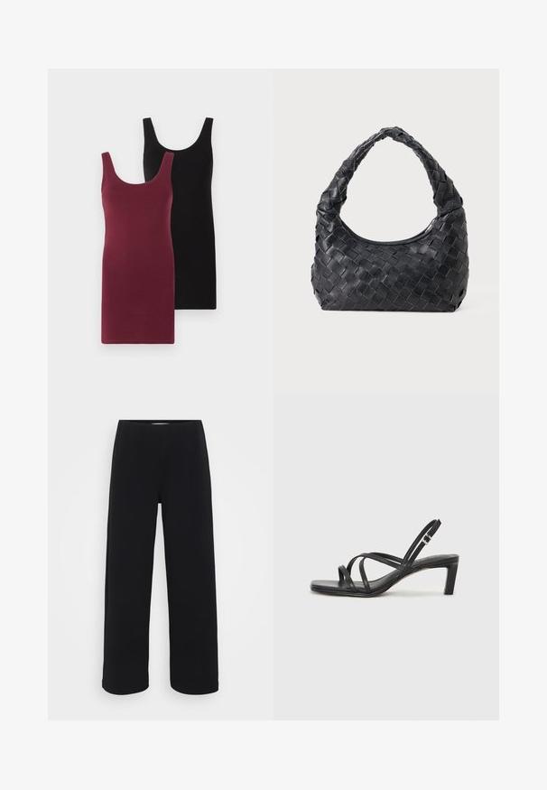 Divas divas bez piedurknēm: viena bordo un otra melna. Izgatavotas no mīksta, elastīga auduma ar pieguļošu dizainu un apaļu kakla izgriezumu.; Melna platā kāju bikses ar elastīgu jostu. Izgatavotas no teksturēta materiāla, ar brīvu piegriezumu un taisnu griezumu no gurniem līdz apakšmalai.; Melnas strappy sandales ar kvadrātveida purngaliem un zemu bloku papēdi. Ievērojamas ar vairākiem plāniem siksniņām un regulējamu potītes siksniņu. Izgatavotas no gludas ādas.; Melna ādas austā plecu soma ar noapaļotu rokturi un pusmēness formas ķermeni uz vienota fona.