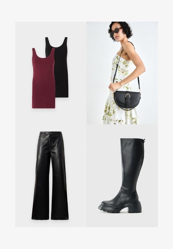 To dusjefrie kjoler: en i burgunder og en i svart. Laget av myk, elastisk stoff med en tettsittende design og rund halslinje.; Sorte høy midje vide ben bukser i imitert skinn med knapp foran, glidelås, beltehemper og sidelommer på hvit bakgrunn.; Høy svart lærstøvel med chunky plattformsåle og blokkhelt, med trekkstang og teksturert mønster på yttersålen.; Svart lærveske med en buet form, avtagbar stropp og gullbeslag. Vesken har et klaff med spenne-detall.