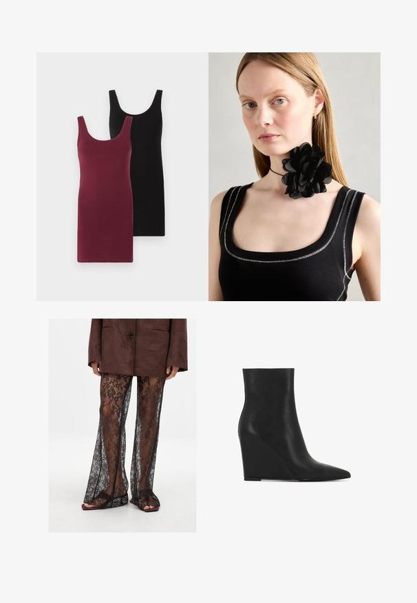 Dvi be rankovių suknelės: viena bordo spalvos, kita juoda. Pagamintos iš minkštos, elastingos medžiagos su prisitaikančiu dizainu ir apvalia iškirpte.; Juodos nėriniuotos platėjančios kelnės su gėlių raštu, permatoma tekstūra ir plačiomis kojų angomis, derinamos su rudos spalvos šlepetėmis.; Juodai įkampę kulkšninių botų iš tekstūruotos odos; turi smailų pritūpimą ir glotiką, įstaigintą dizainą su kontūruotais siluetais.; Juoda gėlė choker apykaklė, pagaminta iš sluoksniuotų žiedlapių, dėvima su juoda grublėta liemenėle, kurioje sidabro akcentai yra aplink kaklą ir pečius.