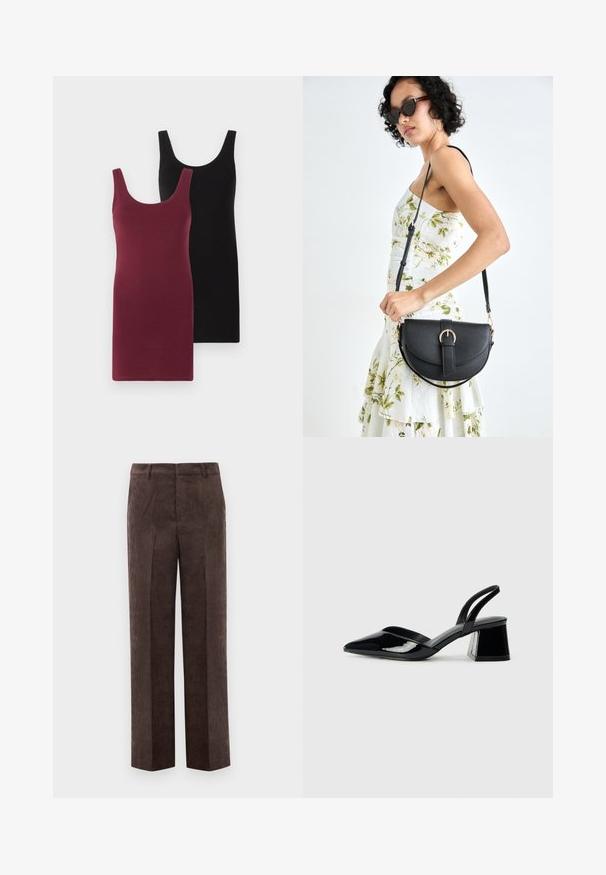 Dve brezrokavne obleke: ena v burgundski barvi in ena v črni. Narejene so iz mehke, raztegljive tkanine z oprijetim krojem in okroglim izrezom.; Rjave kordurojske hlače ravnega kroja z pasom in sprednjimi pregibi na belem ozadju.; Črne lakirane slingback pete s koničastim nosom in geometrijsko blokasto peto. Imajo eleganten, minimalističen dizajn in gladko teksturo.; Črna usnjena torbica s ukrivljeno obliko, z odstranljivo naramnico in zlatimi dodatki. Torbica ima pokrov s podrobnostmi v obliki zaponke.