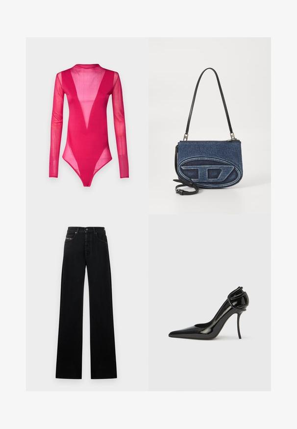Långärmad bodysuit i genomskinlig klarrosa tyg, med djup V-ringning och högskurna benöppningar, med slät textur och figurnära design.; Svarta jeans med vida ben i denim, med knäppning framtill, fem fickor och en liten logotypmärke på midjebandet.; Svart lacklädersko med hög klack, spetsig tå och öppen häl. Har en unik böjd detalj vid hälen. Slät och glansig yta.; Denimbag med korsband och svart läderrem, oval logodesign på framsidan och dragkedjestängning på toppen. Texturerad yta.