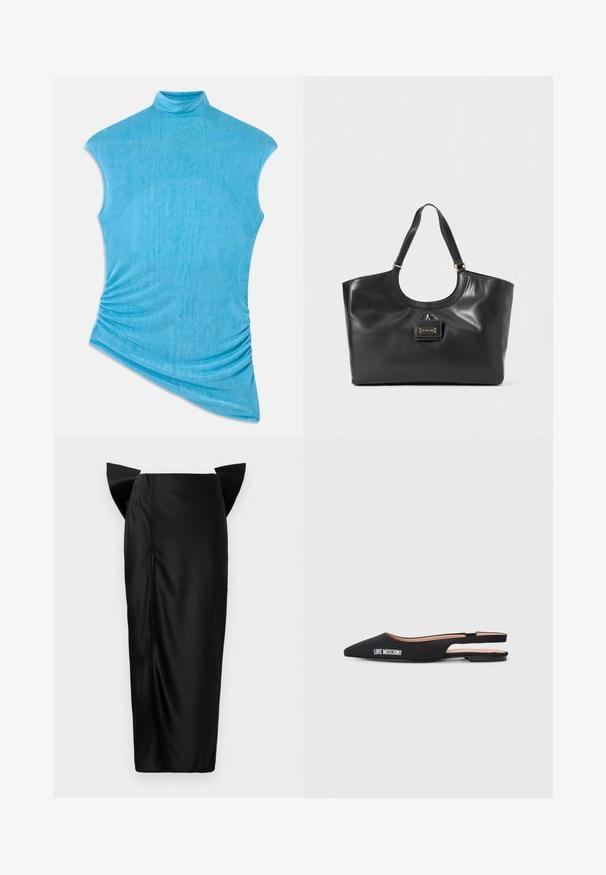 Kék ujjatlan felső, puha, texturált anyagból készült. Magas gallérral rendelkezik, és aszimmetrikus kialakítás jellemzi, az egyik oldalon ráncolt részletekkel.; Fekete midi szoknya testhezálló sziluettel, egyedi fodros panelekkel a csípőn, sima textúrával és oldalsó cipzár részlettel.; Fekete, pántos lapos cipők hegyes orral, sima anyagból. A "LOVE MOSCHINO" felirat fehér színben díszíti őket, minimalistakialakítással.; Fekete bőr tote táska fényes felülettel, ívelt tetejével, két vállpántjával és arany színű fémrészlettel az elején.