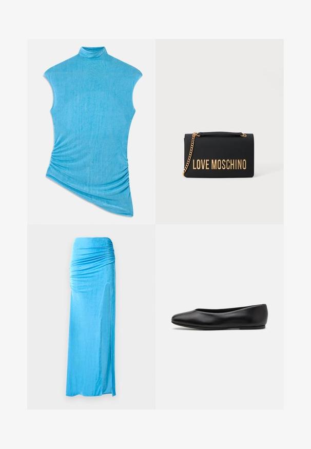 Top azul sem mangas feito de um tecido suave e texturizado. Apresenta um colarinho alto e um design assimétrico com detalhes franzidos de um lado.; Saia maxi em velour azul com detalhes franzidos na cintura, apresentando uma abertura lateral e uma textura suave para uma silhueta fluida.; Paul Smith TOPANGA - Sabrinas - black; Bolsa de mão em pele sintética preta com o logo em tom dourado "LOVE MOSCHINO". Apresenta uma alça de corrente dourada e um design retangular estruturado.