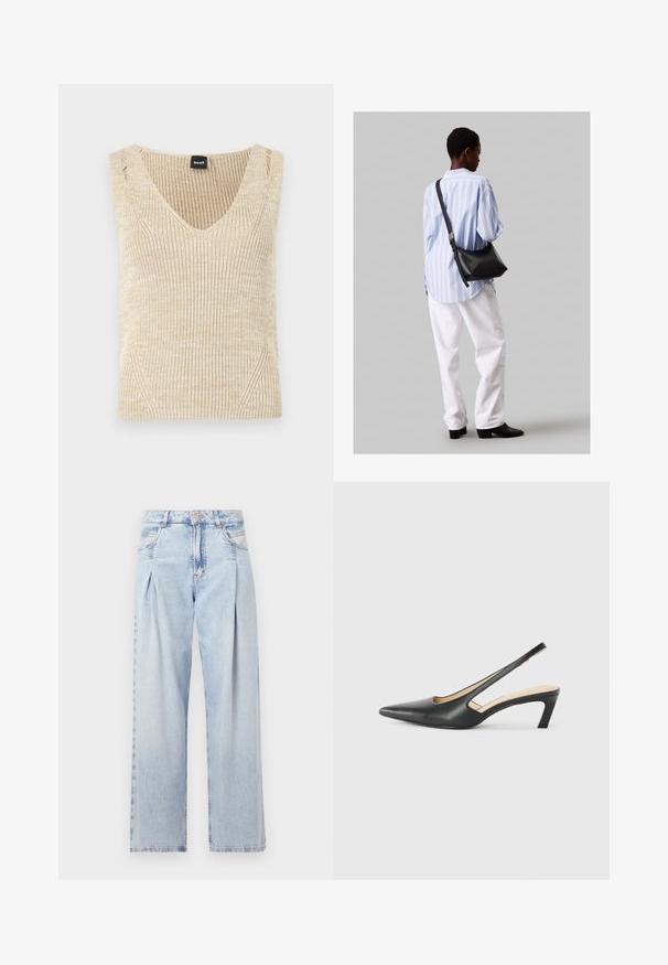 Beige soonikõrvadega ilma varrukateta kampsun, millel on sügav V-dekoltee. Kudumite tekstuur koos peente värvimuutustega ja külgjõhvikud. Brändi silt on nähtav.; Heledad sinise denimist valmistatud teksapüksid kõrge vöökohaga, laia jala lõikega, kahe külje taskuga ja pleedi disainiga. Pehme tekstuur ja pleekinud viimistlus.; Must mustaga, terav varvas, madala kontsaga sildiga king, mis on valmistatud siledast nahast ja mille küljel on lõike disain hingavuse tagamiseks.; Must have mustras alasi nahkpatsi, pehme tekstuuriga, kolmnurkse kujuga ja reguleeritava rihmaga, koos helesinise triibulise särgi ja valgete pükstega.