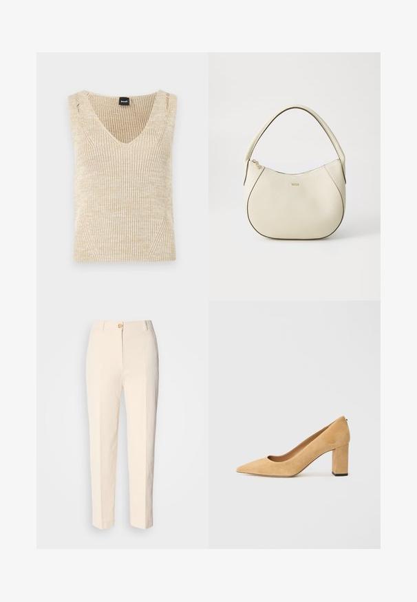 Beige geripptes ärmelloses Sweatshirt mit tiefem V-Ausschnitt. Strickstruktur mit subtilen Farbvariationen und seitlichen Details. Markenlabel sichtbar.; Cremfarbene, hochtaillierte Hose aus strukturiertem Stoff. Mit einem Knopfverschluss vorne und schmal zulaufenden Beinen.; Beige Wildleder-Pumps mit hohem Absatz, spitz zulaufend und mit einem klobigen Blockabsatz. Das Material hat eine weiche Textur mit einer glatten Oberfläche.; Cremfarbener Handtasche mit strukturiertem Finish, gebogener Form, kurzem Griff und Logo-Detail in Gold. Reißverschlussverschluss oben.