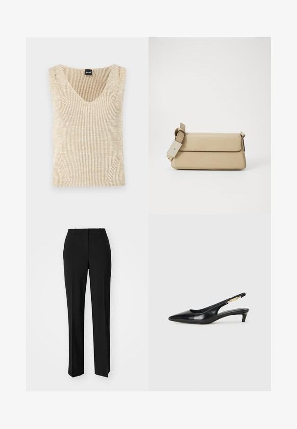 Bež pleteni bezrukavnik s dubokim V-izrezom. Pletena tekstura s suptilnim promjenama boje i bočnim detaljima. Vidljiva oznaka marke.; Crne krojene hlače ravnog kroja, s glatkom teksturom i oštrim pregibima naprijed. Bez vidljivih metalnih dijelova.; Crne kožne sandale s petom, s izduženim vrhom, imaju usku petu i zlatni akcent na podesivoj traci. Glatka tekstura.; Bež tašna od umjetne kože s preklopom, podesivim remenom i minimalističkim dizajnom. Sadrži suptilne šavove i utisnutu marku.