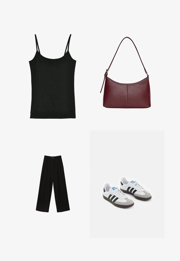 Camisole noire, en tissu doux, avec des fines bretelles réglables, un col rond et une texture lisse. Sans motifs ni accents.; Pantalons larges noirs à taille haute, dotés d'une ceinture à la taille et de plis pour ajouter de la texture. Fabriqués dans un tissu lisse et léger.; Baskets avec une tige en cuir blanc, un bout en daim gris et trois bandes noires. Présente un logo bleu sur la languette et une semelle en caoutchouc texturée.; Sac à main en cuir bordeaux avec une forme arrondie, une bandoulière unique et des coutures au centre. Texture lisse, matériel minimal.