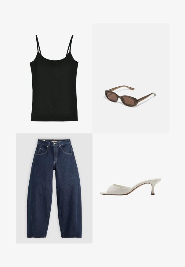 Camisole noire, en tissu doux, avec des fines bretelles réglables, un col rond et une texture lisse. Sans motifs ni accents.; Jean en denim bleu foncé, à coupe ample, avec des coutures claires, cinq poches et un bouton de fermeture à la taille.; Mules à talons hauts ouverts et blancs avec une finition lisse, un design minimaliste et un talon fin, mettant en avant un accent brun subtil sur la semelle.; Lunettes de soleil ovales marron avec des verres foncés. La monture est en matériau transparent marron et comporte un logo imprimé sur les branches.; Sac à main en cuir vert au toucher lisse, de forme courbée et avec une anse tressée. Il dispose d'une fermeture éclair et d'une sangle réglable.