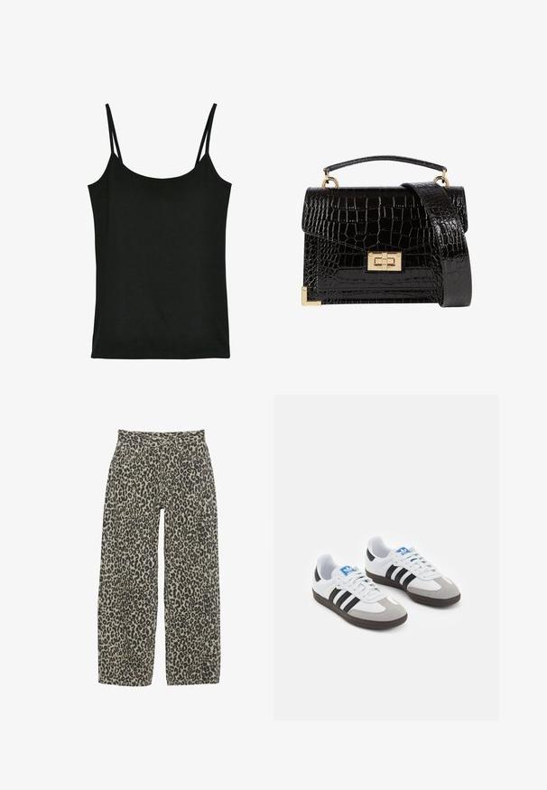 Camisole noire, en tissu doux, avec des fines bretelles réglables, un col rond et une texture lisse. Sans motifs ni accents.; Pantalons à jambes larges en imprimé léopard dans une palette de couleurs beige neutre et noir. Caractéristiques : taille haute, cinq poches et fermeture à bouton.; Baskets avec une tige en cuir blanc, un bout en daim gris et trois bandes noires. Présente un logo bleu sur la languette et une semelle en caoutchouc texturée.; Sac à main en cuir verni noir avec une texture crocodile, quincaillerie dorée, une poignée supérieure et une bandoulière amovible. Forme rectangulaire avec une fermeture à rabat.