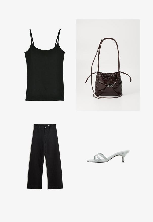 Zwarte cami-top, gemaakt van zacht materiaal, met dunne verstelbare bandjes, een ronde halsline en een gladde textuur. Geen patronen of accenten.; Zwarte denim broek met wijde pijpen en een hoge taille, voorzien van voor- en achterzakken, gestikte naden en een knoopsluiting. Gladde textuur.; Lichtgrijze hakken met drie kruislings geplaatste banden, een slank profiel en een taps toelopende hak. Gladde textuur met een lichtglanzende afwerking.; Diepbruin, glanzend leren schoudertas met een geplooide bovenkant en een dunne verstelbare schouderriem, met een klein detail van een zilverkleurige sluiting aan de voorkant.