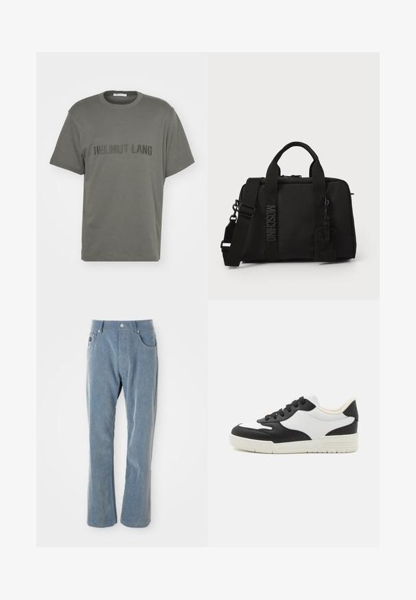 Oliwkowa bawełniana koszulka z okrągłym dekoltem, krótkimi rękawami oraz wytłoczonym napisem "HELMUT LANG" z przodu. Gładka tekstura, luźny krój.; Jasnoniebieskie spodnie z kordurojowej tkaniny z zapięciem na guzik i zamek błyskawiczny, kieszeniami z przodu oraz prostymi nogawkami na białym tle.; Czarno-biała sneaker z gładką skórzaną cholewką, zaokrąglonym noskiem i płaską gumową podeszwą. Posiada czarne sznurowadła i miękką wyściółkę wewnętrzną.; Czarna torba tekstylna z podwójnymi uchwytami i odpinanym paskiem na ramię. Posiada wytłoczone logo i skórzaną metkę. Gładka tekstura, prostokątny kształt.