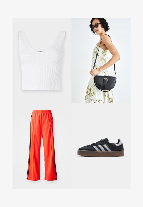 Balts ribots kroptops ar platām siksnām un dziļu V-veida kakla izgriezumu. Mīksta tekstūra ar pieguļošu siluetu un bez apkakles dizainu.; Spožās oranžās sporta bikses ar plašu kāju dizainu, ar melnām sānu svītrām un elastīgu jostu. Ietver kabatu ar rāvējslēdzēju.; Melni sporta apavi ar elegantu dizainu, kas izdaiļoti ar trim baltām svītrām, melnu mēli un teksturētu brūnu gumijas zoli. Akcenti ar zelta burtiem.; Melnas ādas rokassoma ar izliekta formu, noņemamu siksnu un zelta aksesuāriem. Somai ir vāciņš ar sprādzes detaļu.