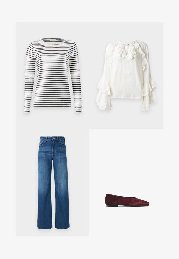 Long-sleeve striped shirt made from soft fabric, featuring navy and white horizontal stripes, round neckline, and a slim-fitting design.; Copenhagen Muse NORMA - Blouse - jet stream; Mother THE LASSO SNEAK - Relaxed fit jeans - dark blue denim; Ballet flat in dark red, made of hair-on-hide material. Features a pointed toe and a flat black sole, showcasing a smooth texture.
