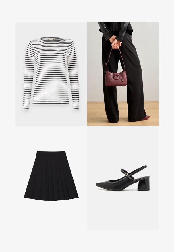 Pitkähihaiset raidalliset paita, joka on valmistettu pehmeästä kankaasta. Siinä on tummansiniset ja valkoiset vaakaraidat, pyöreä pääntie ja kapea malli.; Musta taitettu hame, joka on valmistettu teksturoidusta kankaasta ja jossa on tiukka vyötärö. Laskeutuu polveen, ja siinä on suora ja siisti siluetti.; Musta lakattu nahka slingback-korkokengät, joissa on terävä kärki, pyöreä aukko-muotoilu ja lohkokorko. Varustettu kultasävyisellä solkiyksityiskohdalla.; Burgundy laukku nahkaa, jossa on nauhakiinnitys, ohut hihna ja kultasävyiset yksityiskohdat, jota henkilö pitää päällään mustissa housuissa.