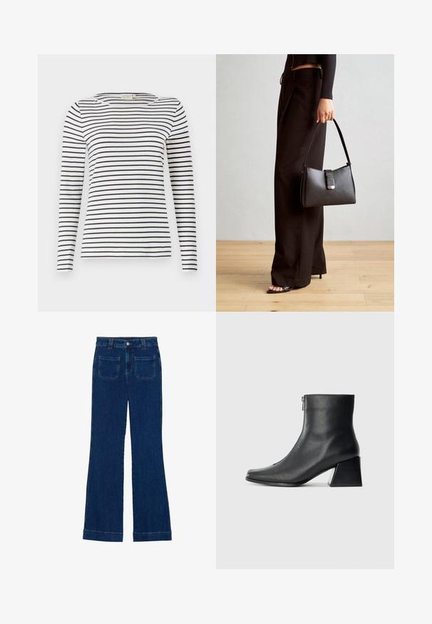 Μακρυμάνικη ριγέ μπλούζα φτιαγμένη από μαλακό ύφασμα, με ναυτικές και λευκές οριζόντιες ρίγες, στρογγυλή λαιμόκοψη και εφαρμοστή σχεδίαση.; Τζιν παντελόνια με φαρδιές γραμμές σε σκούρο μπλε χρώμα, με λεία υφή, πέντε τσέπες και κούμπωμα στη μέση.; Μαύρη δερμάτινη μπότες έως τον αστράγαλο με τετράγωνη μύτη, πλαϊνό φερμουάρ και τετράγωνη τακούνι σε απλή ανοιχτόχρωμη φόντο.; Μαύρη τσάντα χειρός με δομημένο σχήμα, λεία υφή και μεταλλικό κούμπωμα. Συνδυασμένη με φαρδιά μαύρα παντελόνια και σανδάλια ανοιχτής μύτης πάνω σε ξύλινο πάτωμα.
