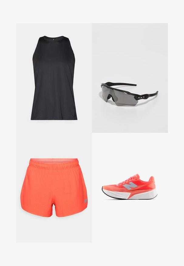Juodas be rankovių sportinis marškinėlis, pagamintas iš lygaus, lengvo audinio. Yra apvalus iškirpimas ir plokščios siūlės, užtikrinančios patogumą.; Vyriški bėgimo šortai ryškiai koralinės spalvos, pagaminti iš kvėpuojančios medžiagos su perforuota tekstūra. Turi elastingą juosmenį ir mėlyną logotipo akcentą.; Lengvas bėgimo batelis ryškiu koralų atspalviu, su tinkline viršutine dalimi ir sidabriniu logotipu. Išskirtinė tekstūruota balta pado dalis ir juodas guminis padas.; Juodos sportinės saulės akinius su elegantišku dizainu, apvaliais lęšiais, pilkų atspalvių lęšiais ir tekstūruotomis juodomis kojelėmis. Nėra matomų logotipų.