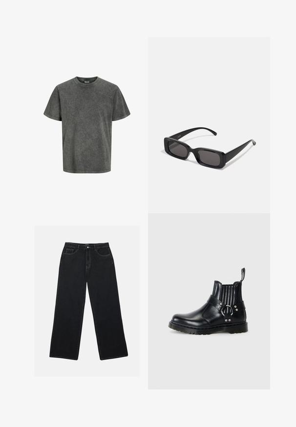 Tričko s krátkym rukávom v blednutej tmavosivej farbe, vyrobené z jemného materiálu, s okrúhlym výstrihom a vo voľnom strihu. Hladká textúra, bez vzorov.; Čierne džínsy s širokými nohavicami sa vyznačujú vysokým pásom, prednými vreckami a kontrastným prešívaním. Tkanina má hladký, mierne textúrovaný povrch.; Čierne kožené členkové čižmy s rebrovanými elastickými stranami, kovovým prackovým detailom a textúrovanou podrážkou pre lepšiu priľnavosť.; Čierne obdĺžnikové slnečné okuliare s tmavými šošovkami, lesklým povrchom, širokými ramenami a robustným rámovým dizajnom. Vygravírované meno značky na jednom ramene.