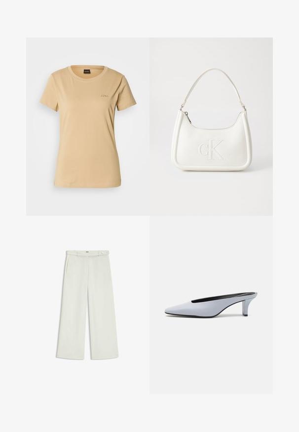 Beige cotton t-shirt with a round neckline. Features short sleeves and an embossed "BOSS" logo on the left chest. Smooth texture.; Wide-leg pants in light cream fabric, featuring side pockets, a flat front, and a single button closure at the waist. Smooth texture.; Light blue patent leather mule with a pointed toe, low transparent heel, and a sleek design featuring a cut-out at the vamp.; White leather handbag with a curved shape, featuring an embossed "CK" logo on the front and a single shoulder strap. Zipper closure at top.