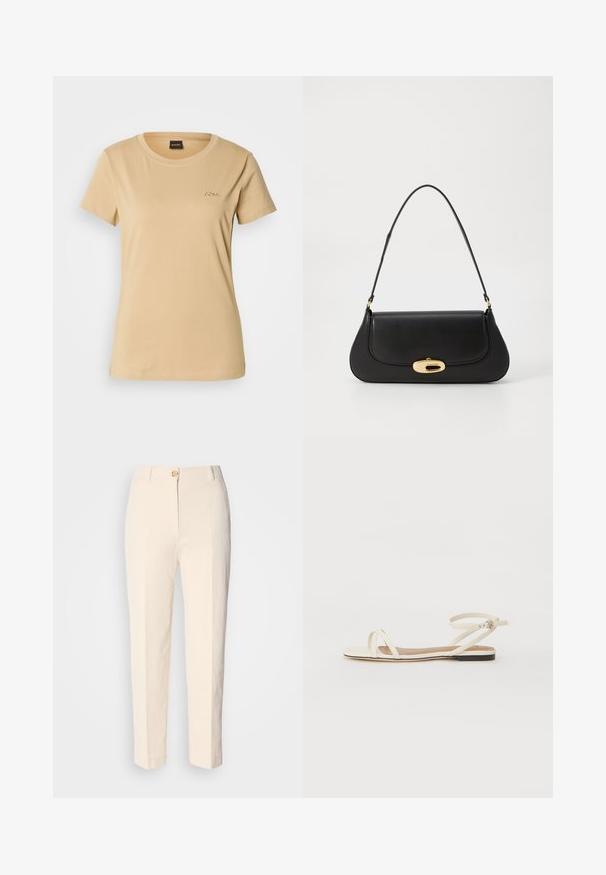 Beżowa bawełniana koszulka z okrągłym dekoltem. Posiada krótkie rękawy i wytłoczone logo "BOSS" na lewej piersi. Gładka tekstura.; Kremowe, wysokie spodnie wykonane z teksturowanej tkaniny. Posiadają zapięcie na guzik z przodu oraz zwężające się nogawki.; Płaskie sandały z kremowej skóry z cienkimi krzyżującymi się paskami, paskiem wokół kostki z klamrą, minimalistyczny design i kontrastującą czarną podeszwą.; Czarna skórzana torebka o zaokrąglonym kształcie, z metalowymi elementami w kolorze złotym i górnym uchwytem. Posiada eleganckie zapięcie i gładką fakturę.