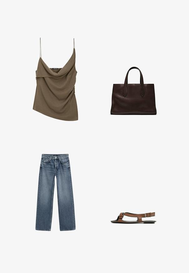 Top senza maniche di color verde oliva, drappeggiato, con sottili spalline a spaghetti e dettaglio arricciato di lato, realizzato in un tessuto morbido. Misura in modo asimmetrico.; Jeans a vita alta e gamba larga in denim blu medio con un finish sbiadito, design a cinque tasche e chiusura con bottone in tonalità argento.; Sandal in pelle marrone con punta aperta e ritagli laterali. Presenta una fascia alla caviglia con una fibbia metallica e una suola piatta.; Borsa a spalla in pelle marrone con due manici lunghi, forma rettangolare strutturata, texture liscia e dettagli di cucitura sottili.