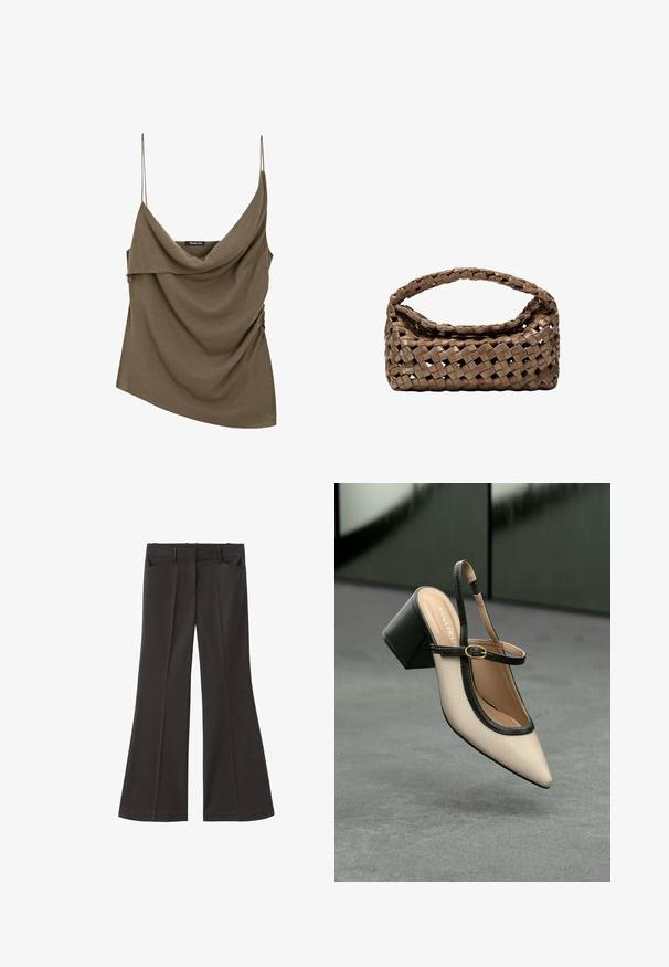 Olive green, draped sleeveless top with thin spaghetti straps and gathered side detail, made from a soft fabric. Measures asymmetrically.; Black flared trousers with a high waist; features two front pockets and a smooth fabric texture. Suitable for various occasions.; Beige pointed-toe slingback shoe with black trim, gold buckle, and a chunky block heel on gray floor with dark green background.; Woven brown handbag with a rectangular shape, structured handle, and textured surface. Features a closed top and intricate weaving pattern.
