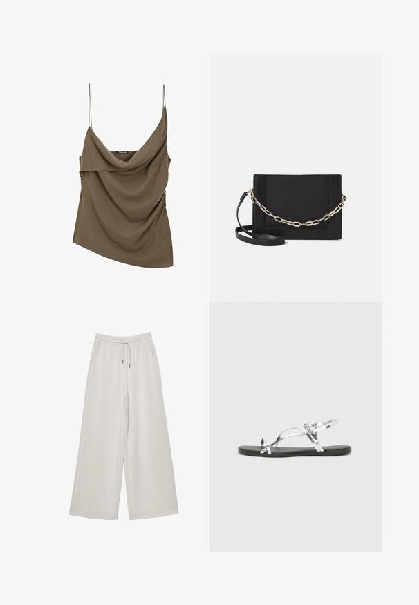 Olive green, draped sleeveless top with thin spaghetti straps and gathered side detail, made from a soft fabric. Measures asymmetrically.; Light gray wide-leg trousers made of soft fabric with an elastic waistband, adjustable drawstring, and side pockets. Smooth texture throughout.; Silver metallic sandals with a minimal design, featuring thin straps and a black flat sole. Highlights include cross strap accents.; Black leather crossbody bag featuring a smooth texture, rectangular shape, and a metallic chain detail on the front. Adjustable strap included.