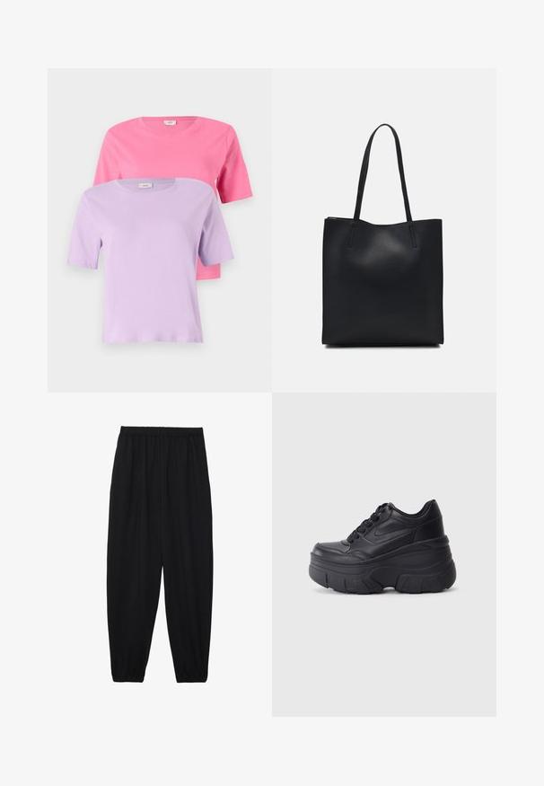 Două tricouri cu mânecă scurtă: unul roz și unul lavandă, realizate din bumbac moale, cu decolteu rotund și un design simplu.; Pantaloni negri, ușori, cu un brâu elastic și tivuri strânse. Materialul este neted și are un design relaxat, conic.; Adidași negri cu șireturi, cu un toc gros, având partea superioară din piele netedă, vârf rotund și un design distinct de platformă stratificată.; Geantă tote neagră din piele, cu textură netedă, formă rectangulară și două mânere lungi. Fără hardware vizibil sau ornamente.