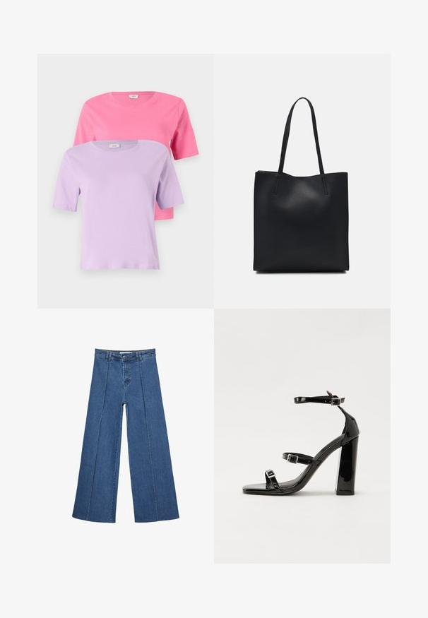Dvě trička s krátkým rukávem: jedno v růžové a jedno v levandulové, vyrobená z měkké bavlny, s kulatými výstřihy a jednoduchým designem.; Džíny s širokými nohavicemi v středně modré barvě, se zvýšeným pasem, knoflíkovým zapínáním a kontrastními vertikálními švy vpředu.; Černé lakované sandály na podpatku se čtveratou špičkou, lýtkovými pásky a stříbrnými přezkami. Disponují masivním blokovým podpatkem pro stabilitu.; Černá kožená taška přes rameno s hladkým povrchem, obdélníkovým tvarem a dvěma dlouhými uchy. Žádné viditelné kování ani ozdoby.