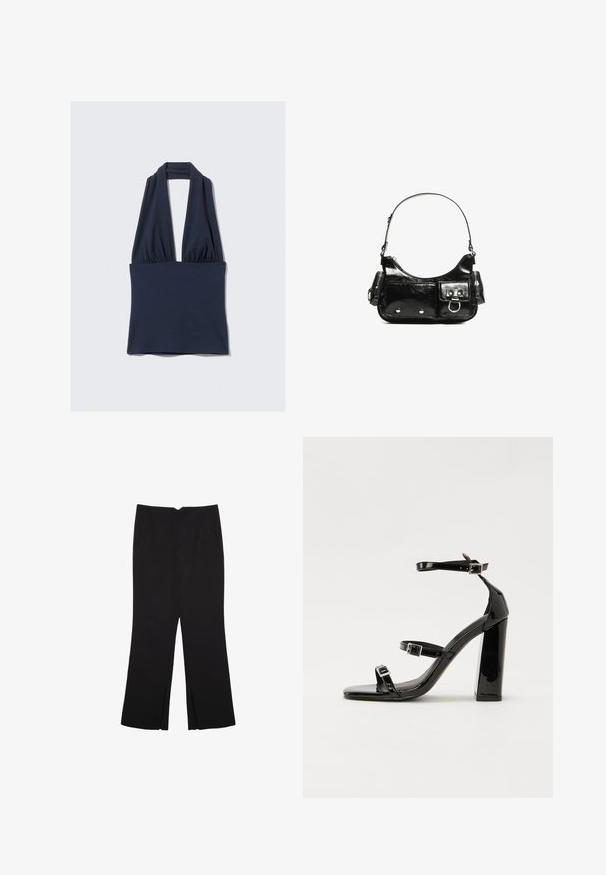 Marineblaues Trägershirt aus weichem Stoff, mit einem tiefen V-Ausschnitt und gerafftem Detail an der Taille. Glatte Textur, minimale Nähte.; Schwarze Hose mit geradem Schnitt, ausgestattet mit Fronttaschen und Seitenschlitzen am Saum. Hergestellt aus weichem, glattem Stoff. Geeignet für verschiedene Anlässe.; Schwarze patentierte Sandalen mit Absatz, quadratischer Spitze, Knöchelriemen und silbernen Schnallen. Mit einem stabilen Blockabsatz für mehr Stabilität.; Schwarze Lackleder-Handtasche mit geschwungenem Design, einem Schulterriemen, Vordertaschen und silberfarbenen Hardware-Akzenten.
