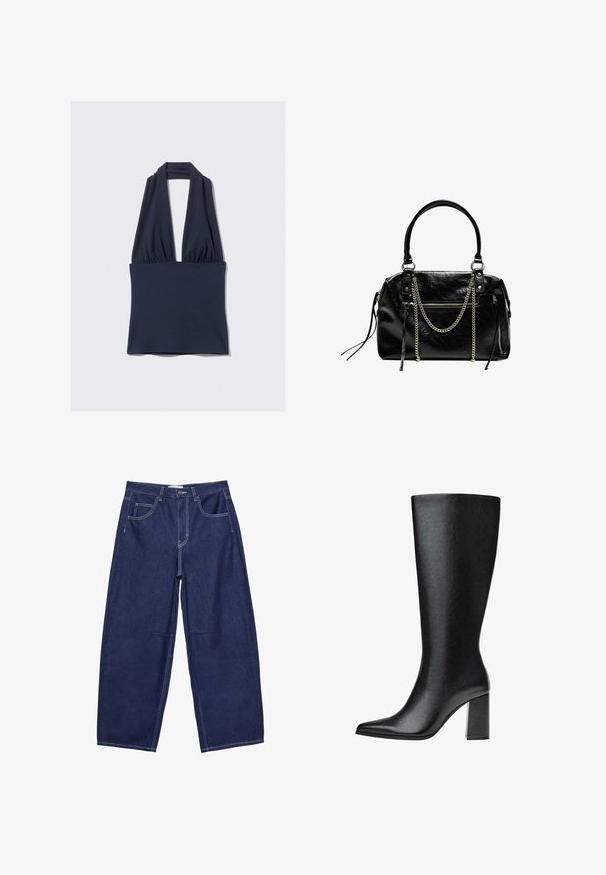 Navy blue halter top made of soft fabric, featuring a deep V-neck design and gathered detailing at the waist. Smooth texture, minimal seams.; Dark blue denim wide-leg trousers with a high waist, five pockets, and contrasting white stitching. Smooth texture, classic design.; Black knee-high boot made of faux leather with a pointed toe, smooth texture, and a chunky block heel. Minimalist design with no visible accents.; Bershka WITH CHAIN - Handbag - black