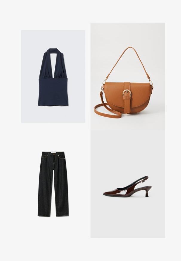 Tamno plavi halter top od mekog materijala, s dubokim V-izrezom i nabranim detaljem u struku. Glatka tekstura, minimalni šavovi.; Tamno plave traperice ravnog kroja, s mramornim zatvaračem od mesinga i kontrastnim žutim šavovima. Ima pet džepova i klasičan kroj.; Smeđe patentne kožne cipele s otvorenom petom, špicastim vrhom i umjerenom petom. Imaju remen s kopčom za sigurno pristajanje. Glatka tekstura.; Smeđa kožna torba preko tijela s zakrivljenim oblikom, zlatnim metalnim detaljima i naglaskom na kopču. Ima odvojivu naramenicu.