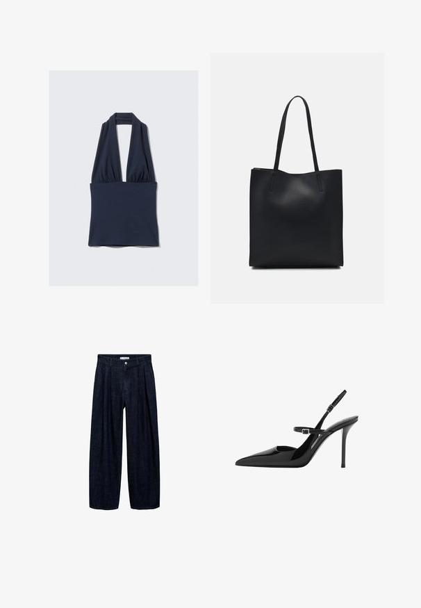 Top halter blu navy realizzato in tessuto morbido, con un profondo scollo a V e dettagli arricciati in vita. Texture liscia, cuciture minime.; Pantaloni wide-leg in denim scuro con pieghe in vita, dotati di un bottone frontale e passanti per cintura. Texture liscia e design a lunghezza completa.; Slingback in vernice nera con tacco a stiletto, punta affusolata e cinturino regolabile. Superficie liscia con finitura lucida.; Borsa tote in pelle nera con texture liscia, forma rettangolare e due manici lunghi. Nessun hardware o decorazione visibile.