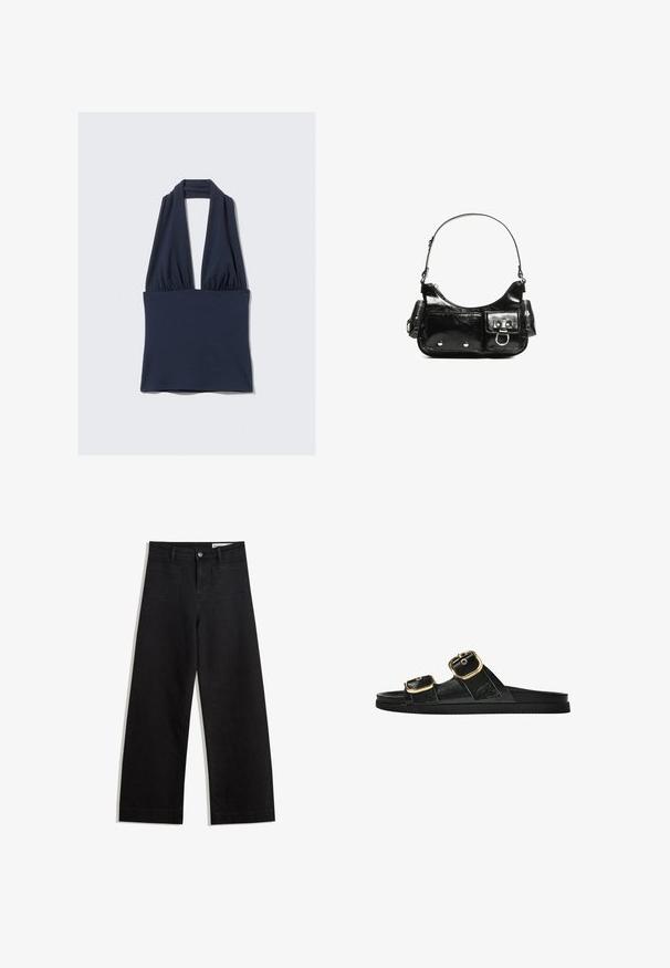 Navy blue halter top made of soft fabric, featuring a deep V-neck design and gathered detailing at the waist. Smooth texture, minimal seams.; Black wide-leg denim pants with a high waist, featuring front and back pockets, stitched seams, and a button closure. Smooth texture.; Black slide sandal with two gold buckle accents, smooth textured material, flat sole, and a minimalist design.; Black patent leather handbag with a curved shape, one shoulder strap, front pockets, and silver-tone hardware accents.