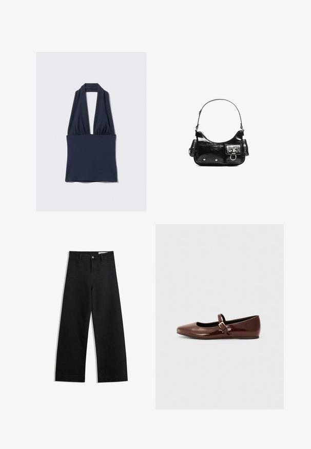 Tamno plavi halter top od mekog materijala, s dubokim V-izrezom i nabranim detaljem u struku. Glatka tekstura, minimalni šavovi.; Crne široke traperice s visokim strukom, s prednjim i stražnjim džepovima, šivenim šavovima i kopčanjem na gumb. Glatka tekstura.; Smeđe lakirane balerinke s kvadratnim vrhom i trakicom koja sadrži mali zlatni kopču. Glatka tekstura, niska potpetica i minimalistički dizajn.; Crna patentna kožna torba s zakrivljenim oblikom, jednim remenom za rame, prednjim džepovima i akcentima od srebrnog tona.