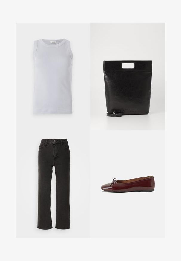 Light blue ribbed tank top with a rounded neckline. Smooth texture and sleeveless design, featuring a subtle brand label on the neckline.; Light pink striped shirt featuring vertical lines in green and yellow, button closure, and long sleeves with contrasting cuffs.; Black wide-leg jeans made of denim, featuring a front button closure, belt loops, and five pockets with a slightly faded texture.; Burgundy patent leather ballet flat with a rounded toe, small bow accent at the front, and a low, black rubber sole. Smooth texture.; Black leather tote bag with a square handle, featuring a textured finish and embossed logo. Includes a detachable strap.