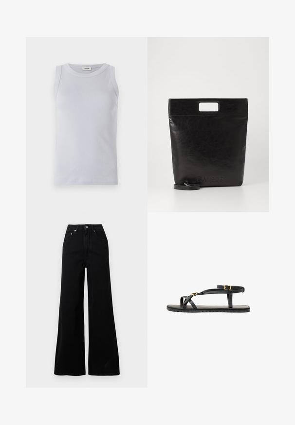 Top de alças em azul claro com decote arredondado. Textura suave e design sem mangas, apresentando um discreto rótulo da marca no decote.; Jeans pretos de ganga com perna larga, cintura alta, cinco bolsos, fecho frontal de botões e detalhes mínimos de costura.; Sandálias de couro pretas com tiras finas e uma faixa no tornozelo com fivela. Sola plana com um acabamento texturizado e borda em zigzag. Design minimalista.; Saco tote de couro preto com uma pega quadrada, apresentando um acabamento texturizado e logotipo em relevo. Inclui uma alça destacável.