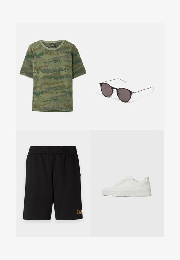 Green camouflage T-shirt made of cotton. Short sleeves, round neckline, featuring a layered mountain pattern in varying shades of green and brown.; Black athletic shorts made of soft fabric,Featuring an elastic waistband and a small yellow EA7 logo on the lower left leg.; White leather sneaker with a smooth finish, round toe, flat laces, and a textured sole. Features a subtle logo on the heel.; Black round sunglasses with dark lenses and slim metal arms. Includes clear temple tips and silver accents at the hinge. Minimalist design.