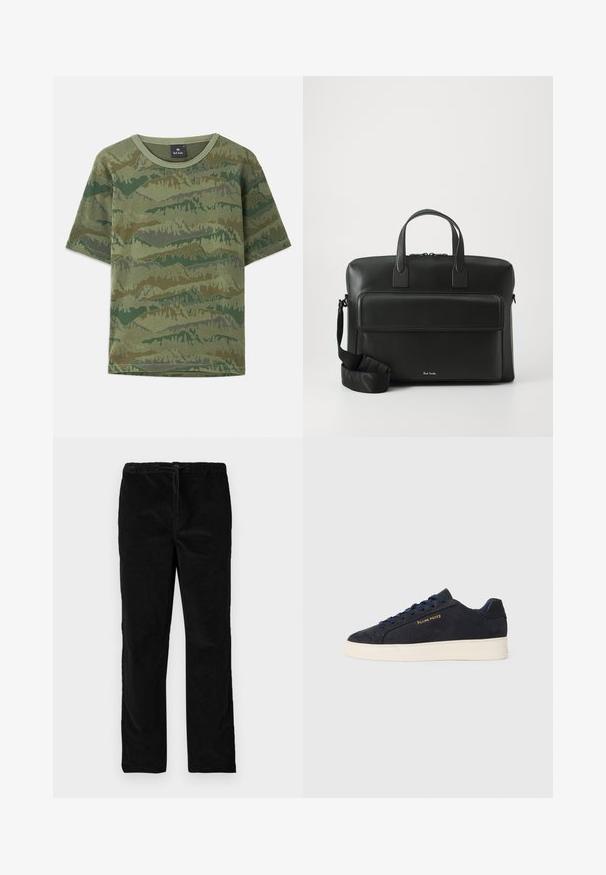 Zaļš kamuflāžas T-kreklis, izgatavots no kokvilnas. Īsas piedurknes, apaļa kakla izgriezums, ar daudzslāņu kalnu rakstu, kas veidots dažādos zaļās un brūnās krāsas toņos.; Melnas taisnas kājas samta bikses ar elastīgu jostasvietu un priekšējo auklu, attēlotas uz vienkārša balta fona.; Navy zila zamšas zema augstuma kedas ar baltu zoli, navy krāsas auklām un "Filling Pieces" logo zeltā sānos.; Melna ādas portfelis ar divām augšējām rokturiem, priekšējo kabatu un noņemamu siksnu, ar diskrētu zīmolu apakšā.