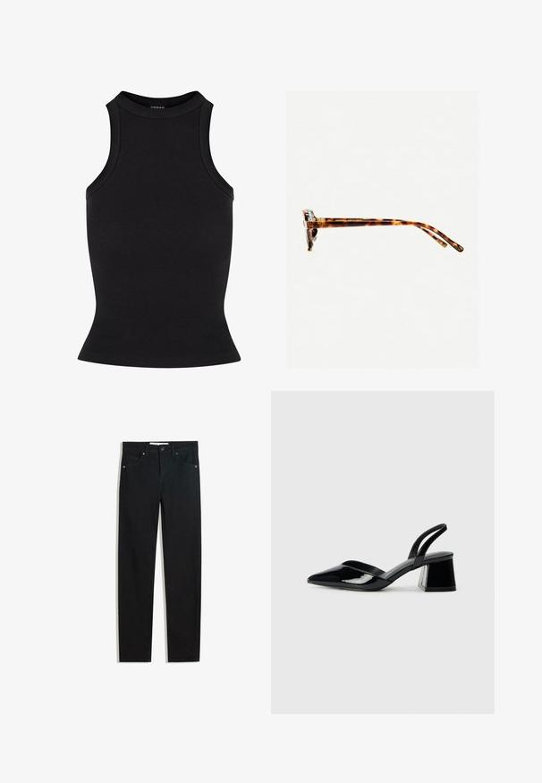 Sort ribbet tanktop med høj hals og tætsiddende silhuet. Glat tekstur uden synlige udsmykninger eller mønstre.; Sorte denimbukser med lige ben, fem lommer, metalknaplukning og diskrete syningsdetaljer. Glat tekstur.; Sorte patentlæder slingback hæle med spids tå og en geometrisk blok hæl. Har et elegant, minimalistisk design og en glat tekstur.; Skildpaddemønstret solbriller med en tyk ramme, let buede stænger og glat overflade. Har et klassisk design med en blank finish.