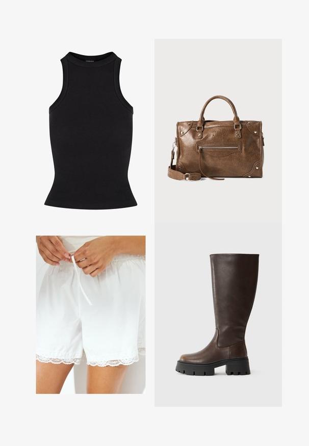 Mustarib ribikleidiga top kõrge kaelusega ja kehakumerusega. Sile tekstuur, ilma nähtavate kaunistuste või mustriteta.; Valged puuvillased lühikesed püksid, mis on varustatud elastse vöökoha ja nööriga, kaunistatud pitsist äärisega allääres.; Pruunid põlvikud, mis on valmistatud siledast sünteetilisest nahast, koos musta turske platvormtaldrikuga ja minimaalsete õmblustega, et saavutada šikk disain.; Pruun nahast käekott, millel on reguleeritav õlavööt, ülemised käepidemed, lukuga esikott ja metallist detailid. Tekstureeritud pind.