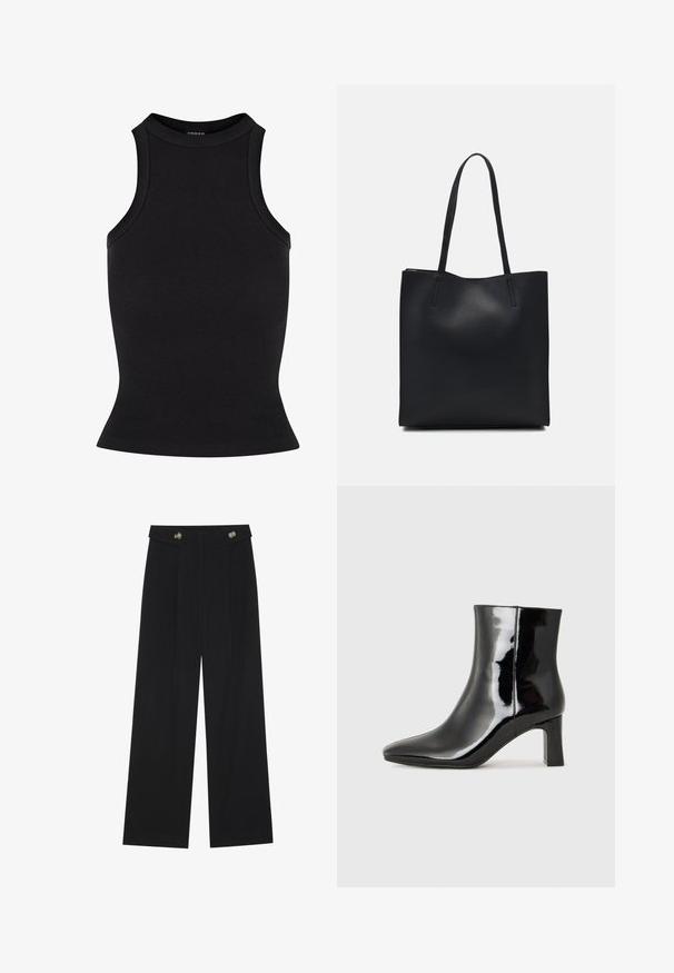 Černý žebrovaný top bez rukávů s vysokým výstřihem a přiléhavým střihem. Hladký povrch bez viditelných ozdob nebo vzorů.; Černé široké kalhoty s vysokým pasem, detailní knoflíky na pase a přední záhyby.; Černé lakované kotníkové boty s špičatou špičkou a středně vysokým blokovým podpatkem. Hladká textura a minimalistický design.; Černá kožená taška přes rameno s hladkým povrchem, obdélníkovým tvarem a dvěma dlouhými uchy. Žádné viditelné kování ani ozdoby.