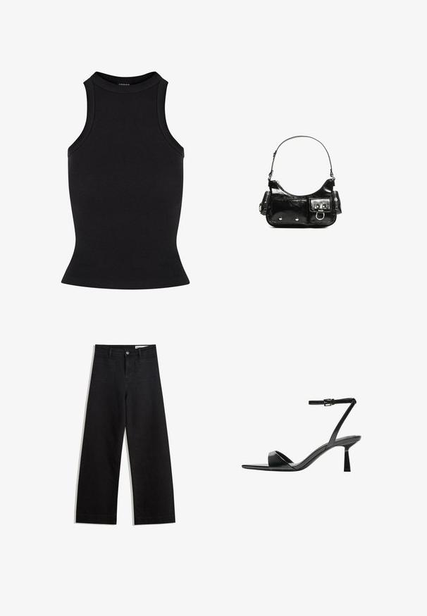 Čierny rebrovaný top bez rukávov s vysokým výstrihom a priliehajúcim strihom. Hladký povrch bez viditeľných dekorácií alebo vzorov.; Čierne denimové nohavice s širokými nohavicami a vysokým pásom, so prednými a zadnými vreckami, šitými švami a zapínaním na gombík. Hladká textúra.; Bershka Sandále na vysokom opätku - black; Čierna laková kožená kabelka s ohnutým tvarom, jedným ramenným popruhom, prednými vreckami a striebornými kovovými doplnkami.