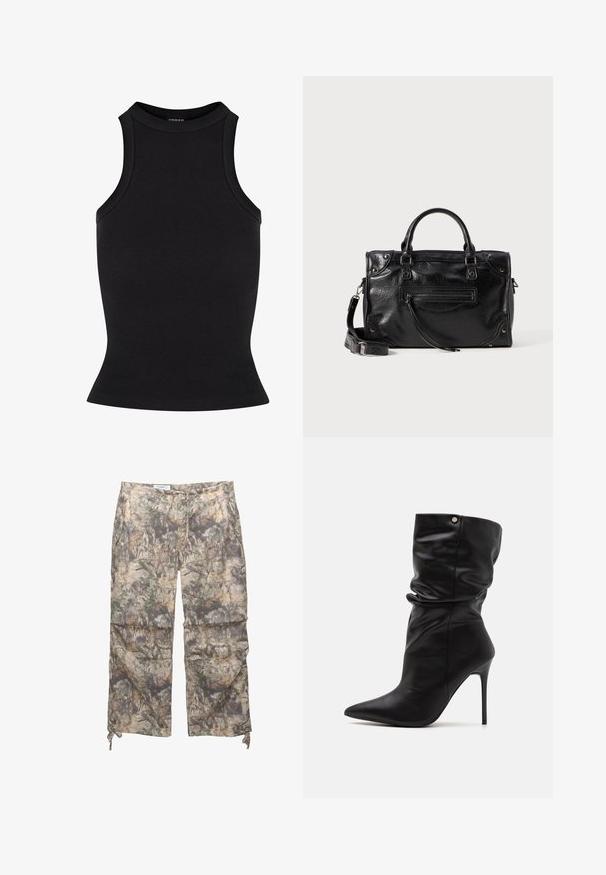 Fekete bordázott ujjatlan felső magas nyakkivágással és testhez simuló fazonnal. Sima textúra, látható díszítés vagy minta nélkül.; Kamu mintázatú nadrág könnyű anyagból, elasztikus derékkal, oldalsó zsebekkel és állítható húzózsinórral a bokáknál.; Even&Odd Wide Fit Magassarkú bokacsizmák - black; Fekete bőr kézitáska két rövid fogantyúval és levehető vállpánttal. Elülső cipzáras zsebbel és fém részletekkel rendelkezik. Texturált felület.